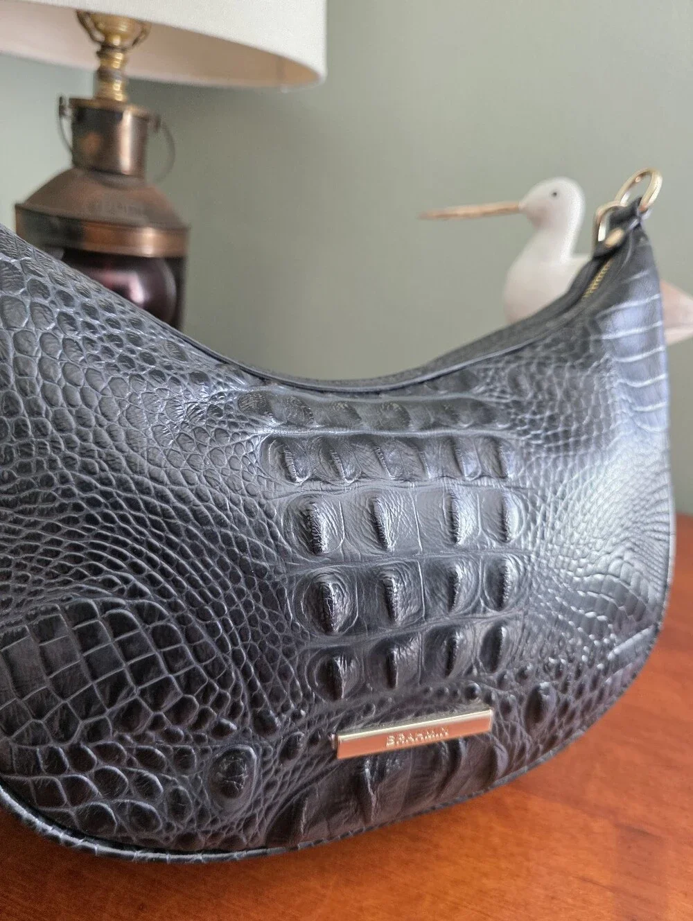 Brahmin Percy Black Alden Road Croc Embossed Crescent Crossbody Bag